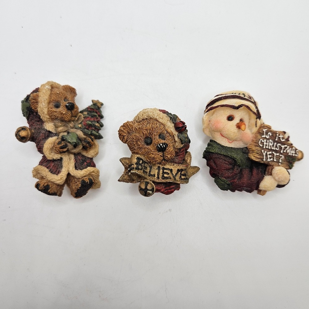 Vintage Christmas Pin Lot Teddy Bear & Snowman Brooches Believe Holiday Set of 3